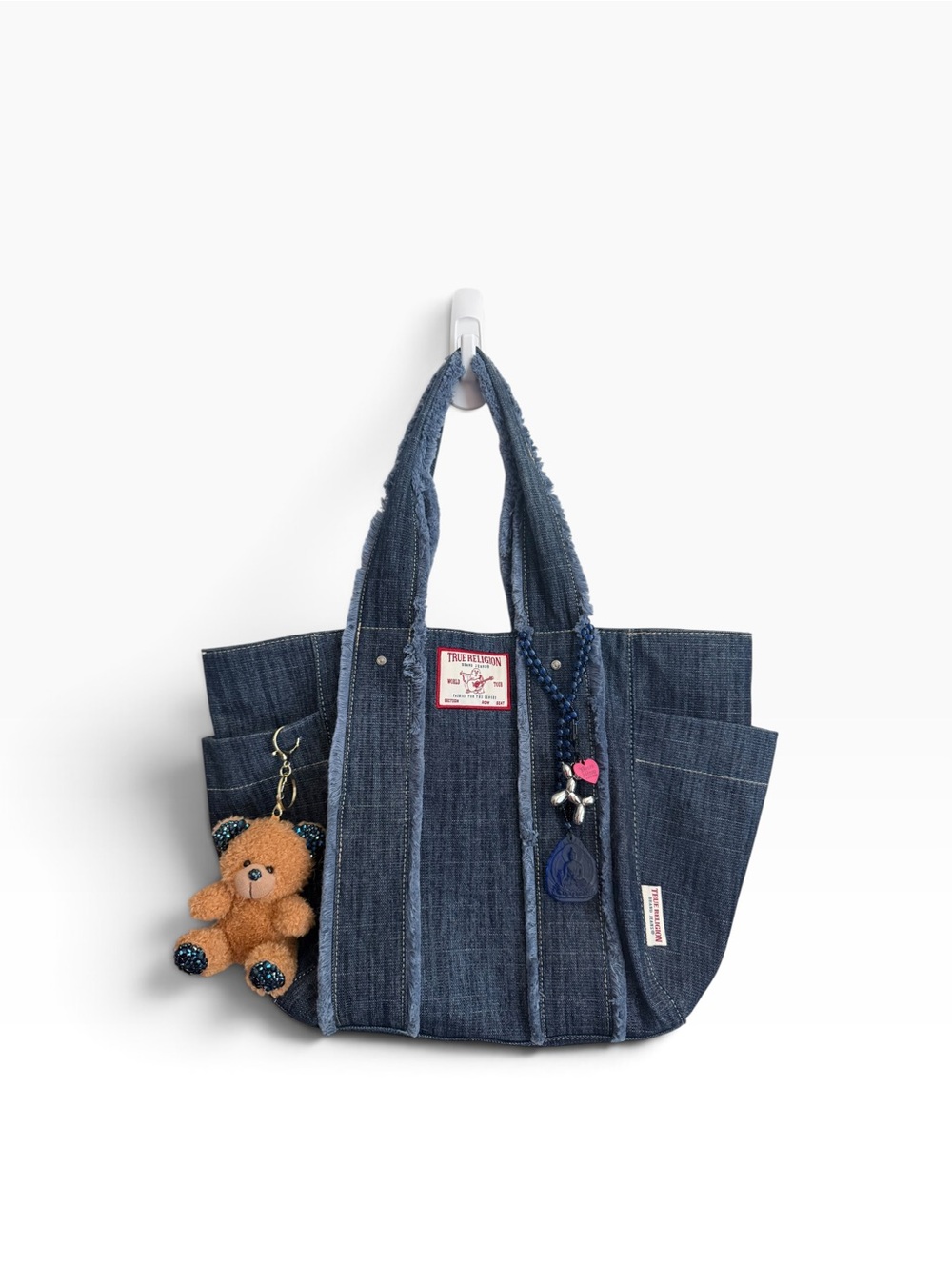 True Religion Denim Tote Bag with Teddy Charm - Blue